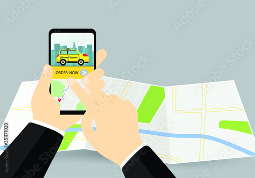 City Taxi Mobile Service.Yellow Car Sedan on Cityscape. Modern Smartphone in Arm with Route Gps Destination Point on Map.