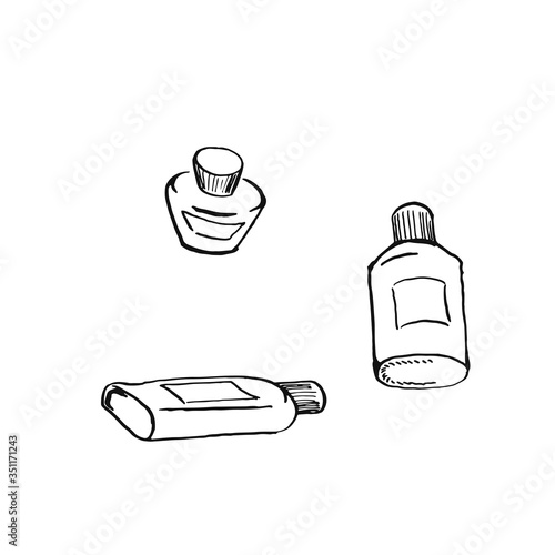 set of small bottles black sketch hand drawn closeup isolated on white background