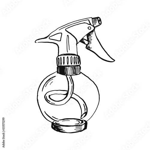 sphere sprayer bottle black sketch hand drawn closeup isolated on white background
