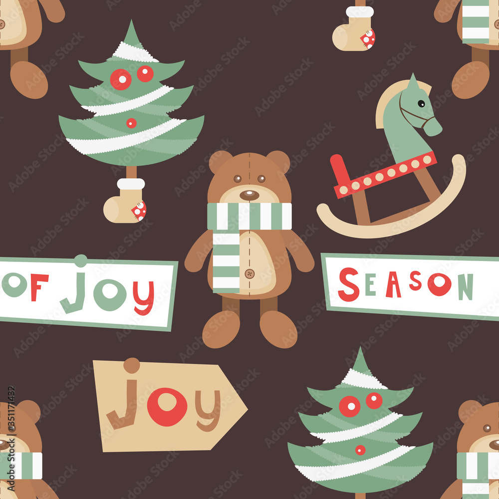 Fototapeta premium Christmas Seamless pattern. Cute Christmas Characters and Objects - Bear Toy, Trees, Wooden Horse. Xmas Retro background. Vector Print for Wallpaper, Packing. Don't contain clipping mask and gradient.