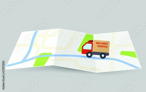 Order delivery online. Shipment tracking system mobile delivery man motorcycle fast shipping urban landscape.