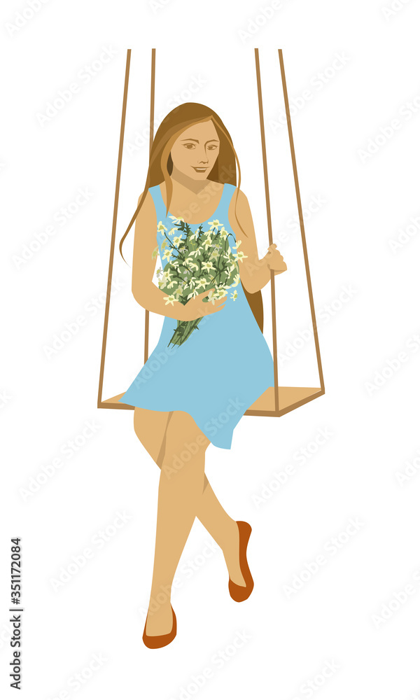 Girl (young woman) with a bouquet of flowers (daisies) on a swing. Blue dress. Vector illustration. Isolated on a white background.