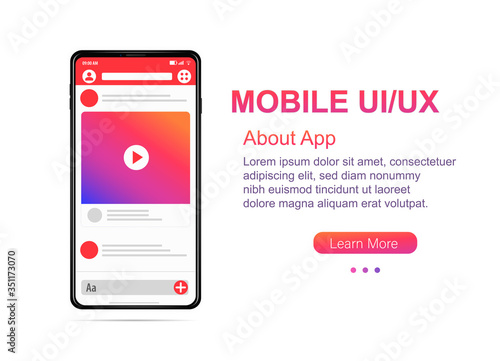 New mockup Smartphone Video Concept interface in social network concept. Pink Orange gradient on screen. Made in 3D Realistic style. Easy to edit Suitable for template infographics presentation Vector