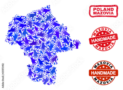 Vector handmade combination of Mazovia Province map and textured watermarks. Mosaic Mazovia Province map is composed with random blue hands. Rounded and awry red seals with unclean rubber texture.