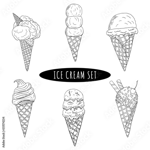 Ice cream in a waffle cone set, cold. Summer,refreshing, sketch. Vector illustration, icon hand draw. Isolated