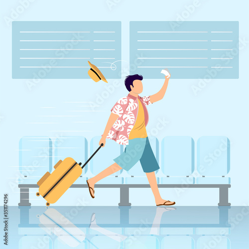 Vector cartoon illustration of travel concept. late man run with bag on wheels. Check in airport. Human character on the background of armchairs and airport screens