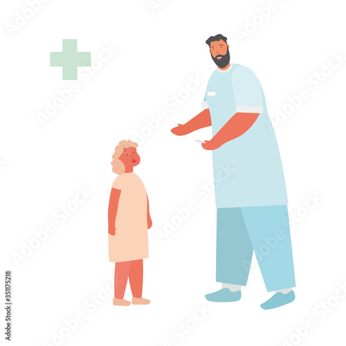 Otolaryngologist examines the throat of a girl. Doctor's appointment. Cartoon vector illustration