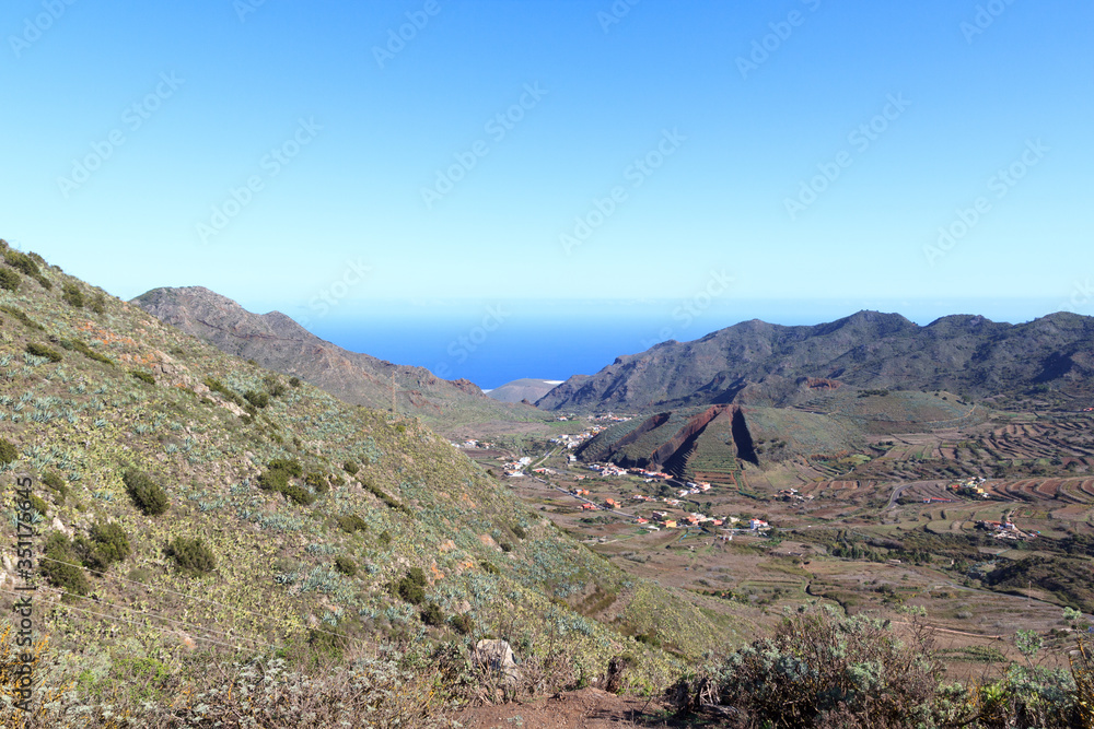 Village El Palmar and volcano Montana del Palmar panorama on Canary Island Tenerife, Spain