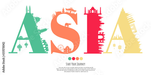 Asia Landmarks Travel postcard, poster, tour advertising of world famous landmarks. Vectors illustrations