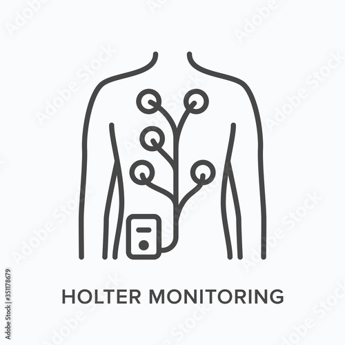 Holter monitor flat line icon. Vector outline illustration of man with electrodes on body. Cardiovascular, cardiology thin linear medical pictogram