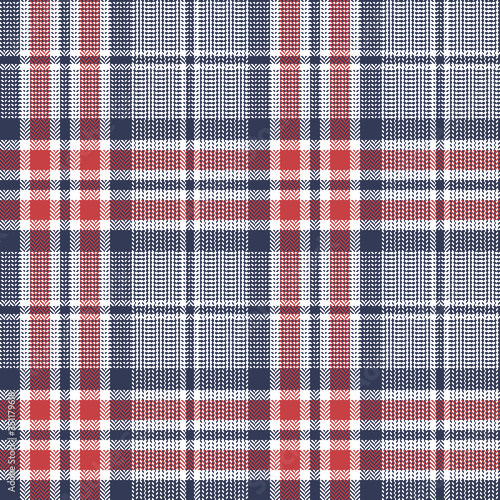Tartan pattern plaid seamless texture. Herringbone check plaid graphic in blue, red, white for flannel shirt, skirt, blanket, throw, duvet cover, or other modern autumn fabric design.