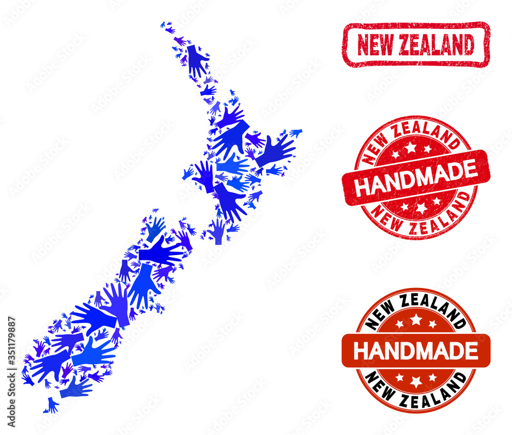 Vector handmade composition of New Zealand map and corroded stamp seals. Mosaic New Zealand map is made with random blue hands. Rounded and rough red stamp imprints with distress rubber texture.
