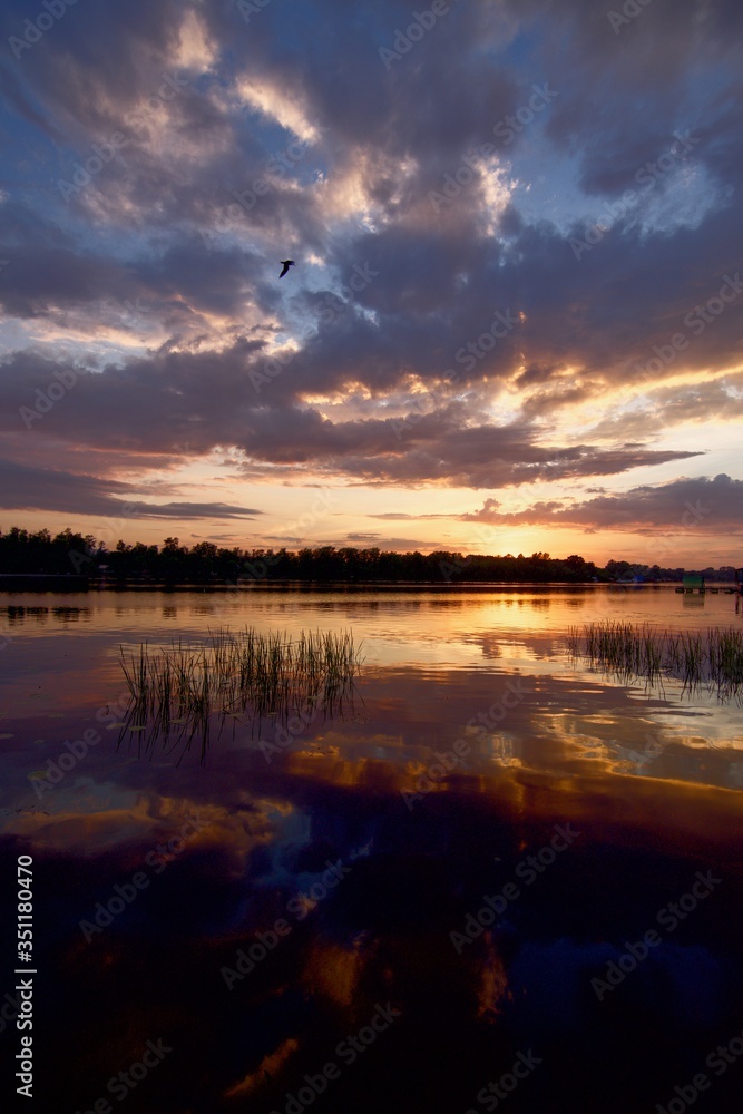 sunset over Dnipro river in Kiev Ukraine