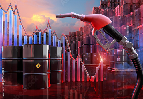 Oil prices jump as lockdowns ease and supplies tighten. Coronavirus covid-19 impact on oil fuel market 3D background: fuel gasoline pump nozzle gun, oil barrels, petrol, gasoline, diesel price chart photo