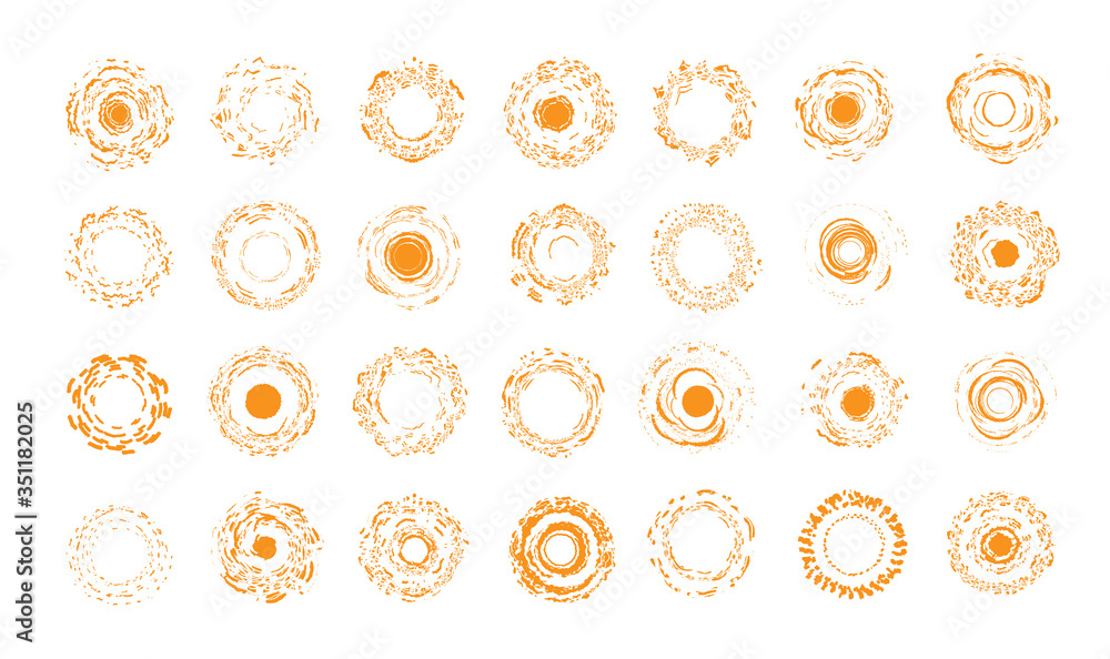 Summer holidays symbols collection. Brush grange orange round shapes. Unusual sunny sun set of icons. Vector emblem collection. - obrazy, fototapety, plakaty 