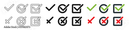 Check mark with cross collection, isolated. Check mark with cross vector icons in different design. Check marks with crosses in circle and square. Vector illustration