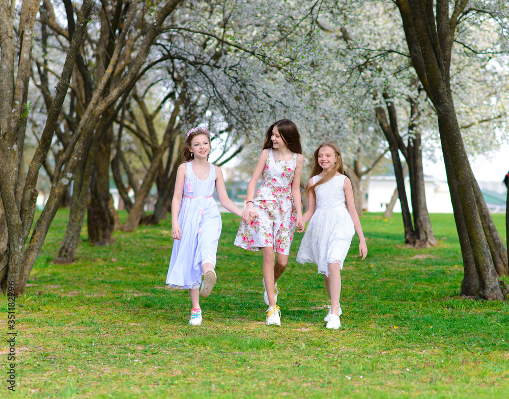 Three beautiful girls in retro dresses for a walk in a flowered garden. The idea and concept of a friendly family and a happy childhood. Three beautiful girls in retro dresses for a walk in a flowered garden. The idea and concept of a friendly family and a happy childhood.