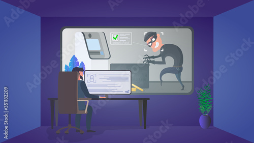 A security guard is watching a burglar in a security room. Identification of a thief. A thief steals a bank card near an ATM. Safety concept. Vector.