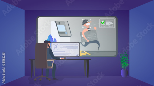 A security guard is watching a burglar in a security room. Identification of a thief. A thief steals a bank card near an ATM. Safety concept. Vector.