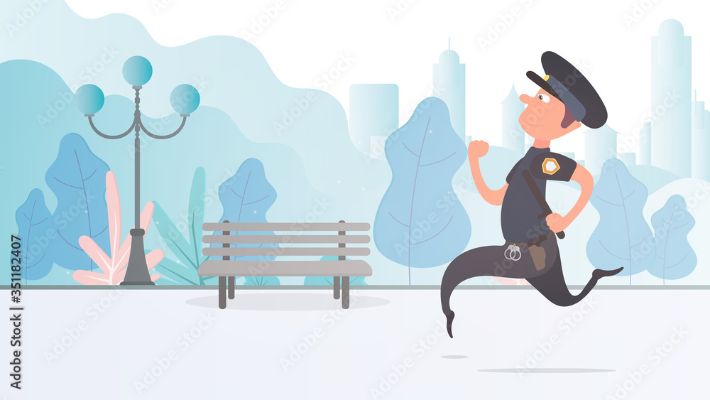 A policeman runs through the park. Safety and security concept. Cartoon style. Vector. A policeman runs through the park. Safety and security concept. Cartoon style. Vector.