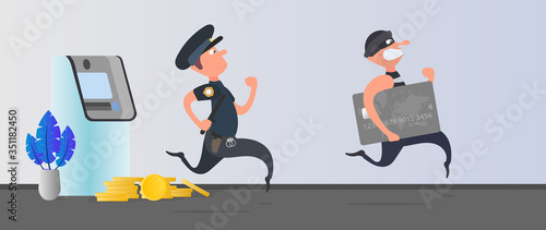 A policeman runs after a thief. The robber steals a bank card and runs away. ATM, gold coins. Fraud concept. Cartoon style. Vector.