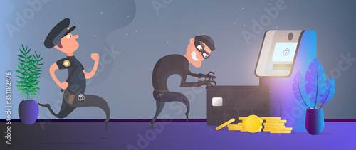A policeman runs after a thief. The robber steals a bank card. ATM, gold coins. Fraud concept. Vector.