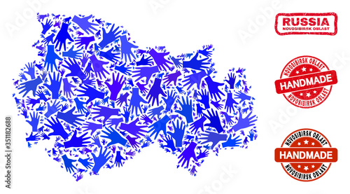 Vector handmade composition of Novosibirsk Region map and rubber stamp seals. Mosaic Novosibirsk Region map is constructed with random blue hands.