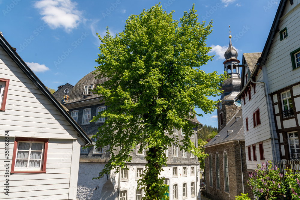 View of the church in Monschau, Germany