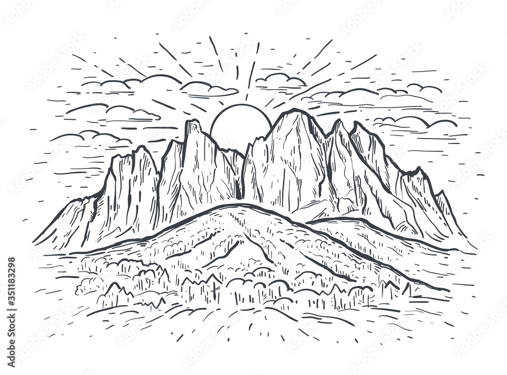 Vecteur Stock Landscape vector sketch illustration with a mountains