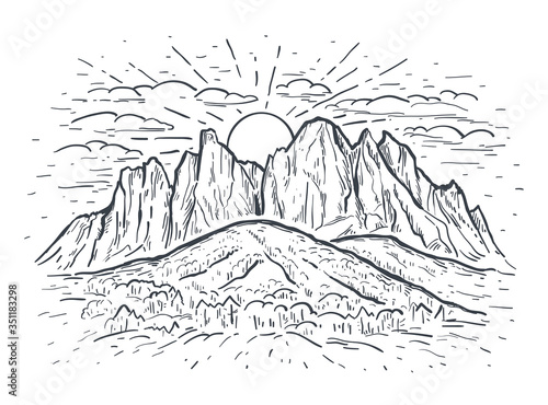 Valokuva Landscape vector sketch illustration with a mountains, rocks, trees and sun