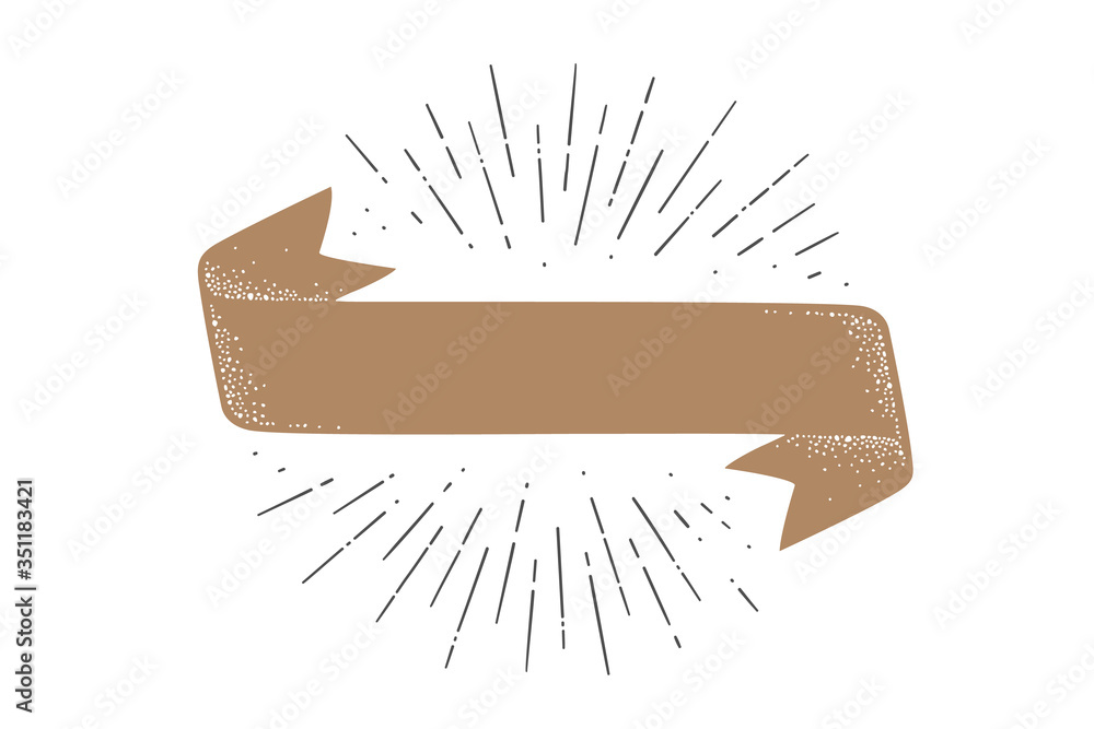 Flag ribbon template. Old school flag banner template. Ribbon flag in vintage style with linear drawing light rays, sunburst and rays of sun, template. Vector Illustration