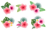 Hand drawn digital illustration of tropical floral arrangements. Isolated tropical compositions. Colorful hibiscus arrangements set. Monstera leaf, palm leaf, exotic leaf. Tropical elements.