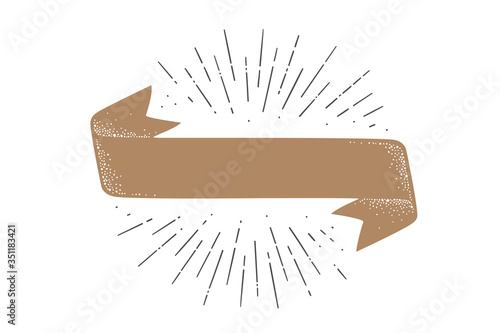 Flag ribbon template. Old school flag banner template. Ribbon flag in vintage style with linear drawing light rays, sunburst and rays of sun, template. Vector Illustration
