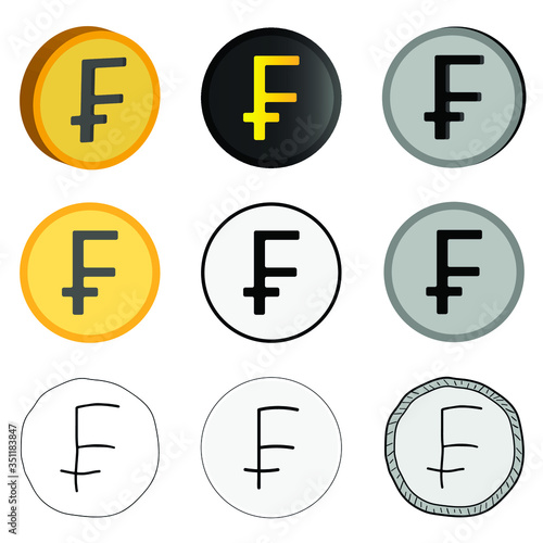 Vector illustration of swiss currency, nine francs options in vector. Swiss franc icons.