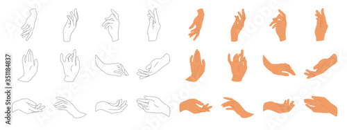 Various gestures of human hands isolated on a white background. Hand hold, Hand open and use Gel bottle or alcohol gel bottle, Vector design elements for infographic, ads, interactive and website. photo