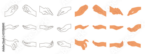 Various gestures of human hands isolated on a white background. Hand hold, Hand open and use Gel bottle or alcohol gel bottle, Vector design elements for infographic, ads, interactive and website.