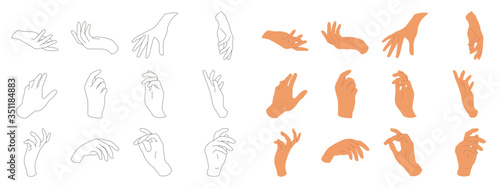 Various gestures of human hands isolated on a white background. Hand hold, Hand open and use Gel bottle or alcohol gel bottle, Vector design elements for infographic, ads, interactive and website.