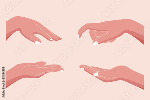 Various gestures of human hands isolated on a white background. Hand hold, Hand open and use Gel bottle or alcohol gel bottle, Vector design elements for infographic, ads, interactive and website.