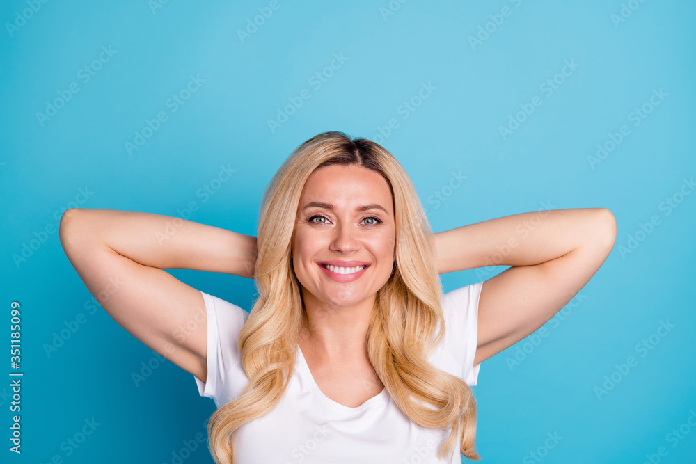Top above high angle view photo of content pretty lovely woman lie enjoy rest relax wear good look clothes isolated over blue color background