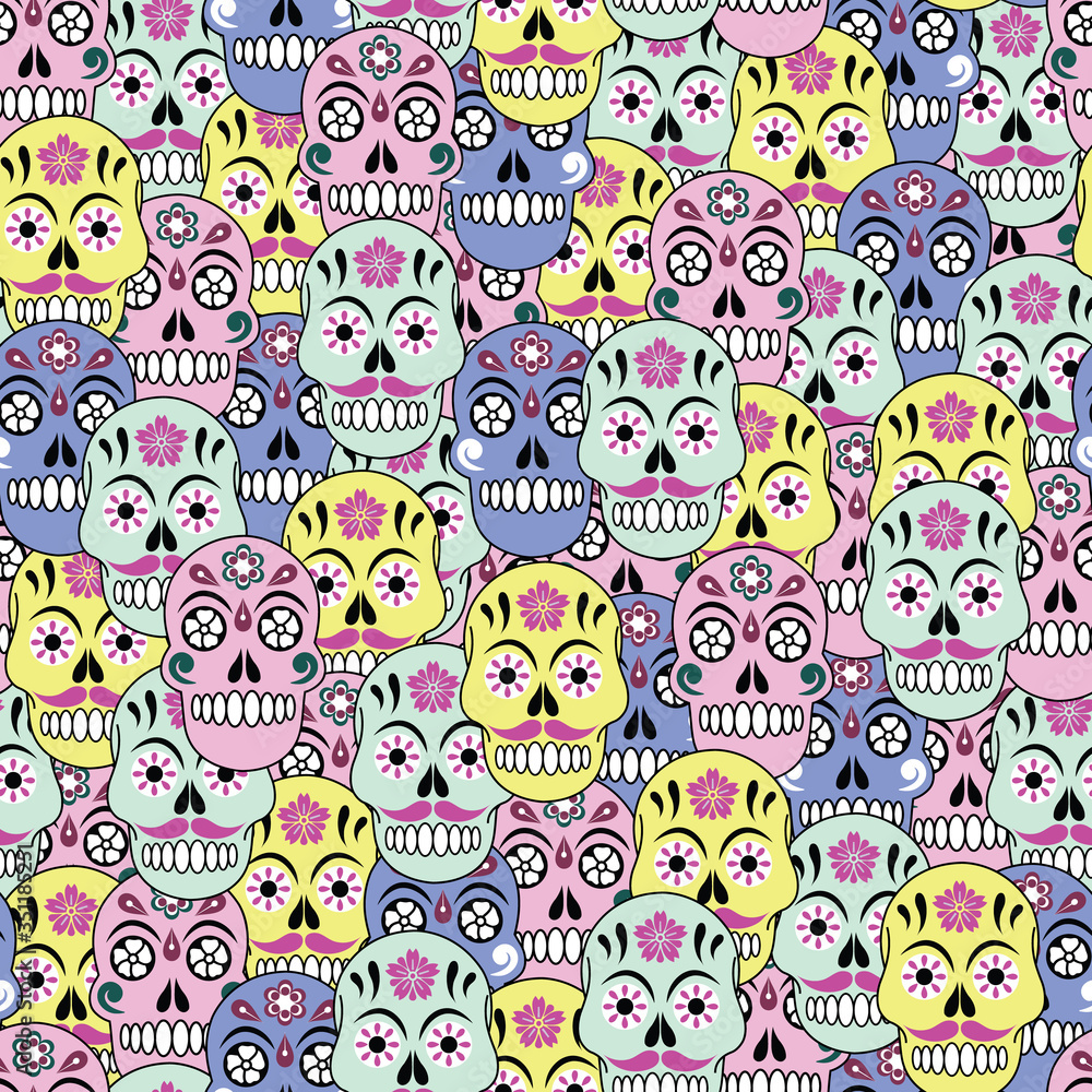 Vector colorful halloween sugar skull seamless pattern background