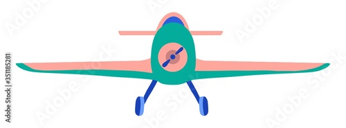 Sign airplane in hand drawn cartoon style isolated on white background. Agricultural aircraft vector flat colored stock illustration.