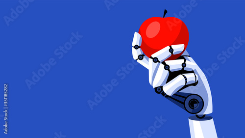 Machine learning. Artificial intelligence. The robot hand holds an Apple. The concept of robotics, machinery, process automation and new technologies. Vector illustration.