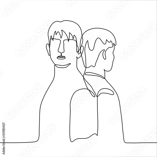 Two men stand with their backs to each other. The concept of friendship or love quarrel; differences of opinion, but with a strong connection; cover each other’s back. One continuous line drawing
