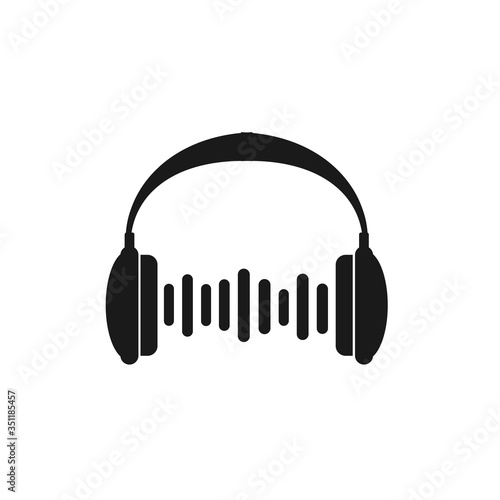 Vector headphones with sound waves icon. Black symbol silhouette isolated on modern gradient background