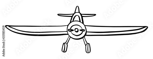 Sign airplane in hand drawn doodle style isolated on white background. Agricultural aircraft vector outline stock illustration.