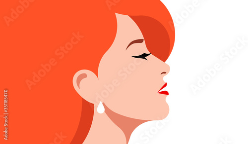 Beautiful woman side view. Close-up portrait of a elegant lady with red haid hair. Vector illustration for banner or card. Illustration with copy space.