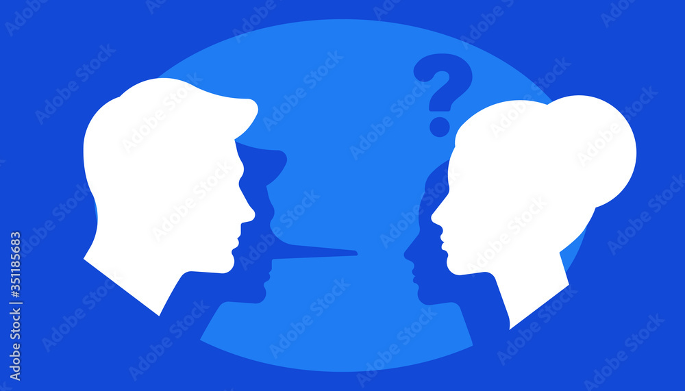 A man lies to his wife or boss. Vector illustration: a woman asks a question, and a man answers with a lie. The concept of cheating, deception, mistrust.