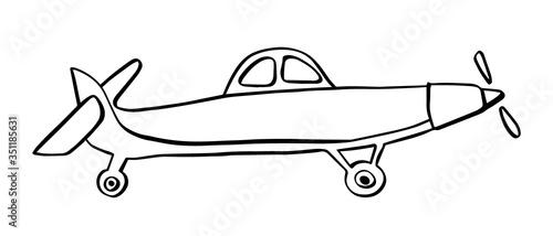 Sign airplane in hand drawn doodle style isolated on white background. Agricultural aircraft vector outline stock illustration.