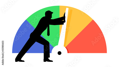 Critical situation concept. Danger score. Anti-crisis management. A man pushes a giant arrow on the speedometer. Vector illustration isolated.