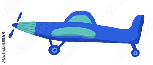 Sign airplane in hand drawn cartoon style isolated on white background. Agricultural aircraft vector flat colored stock illustration.